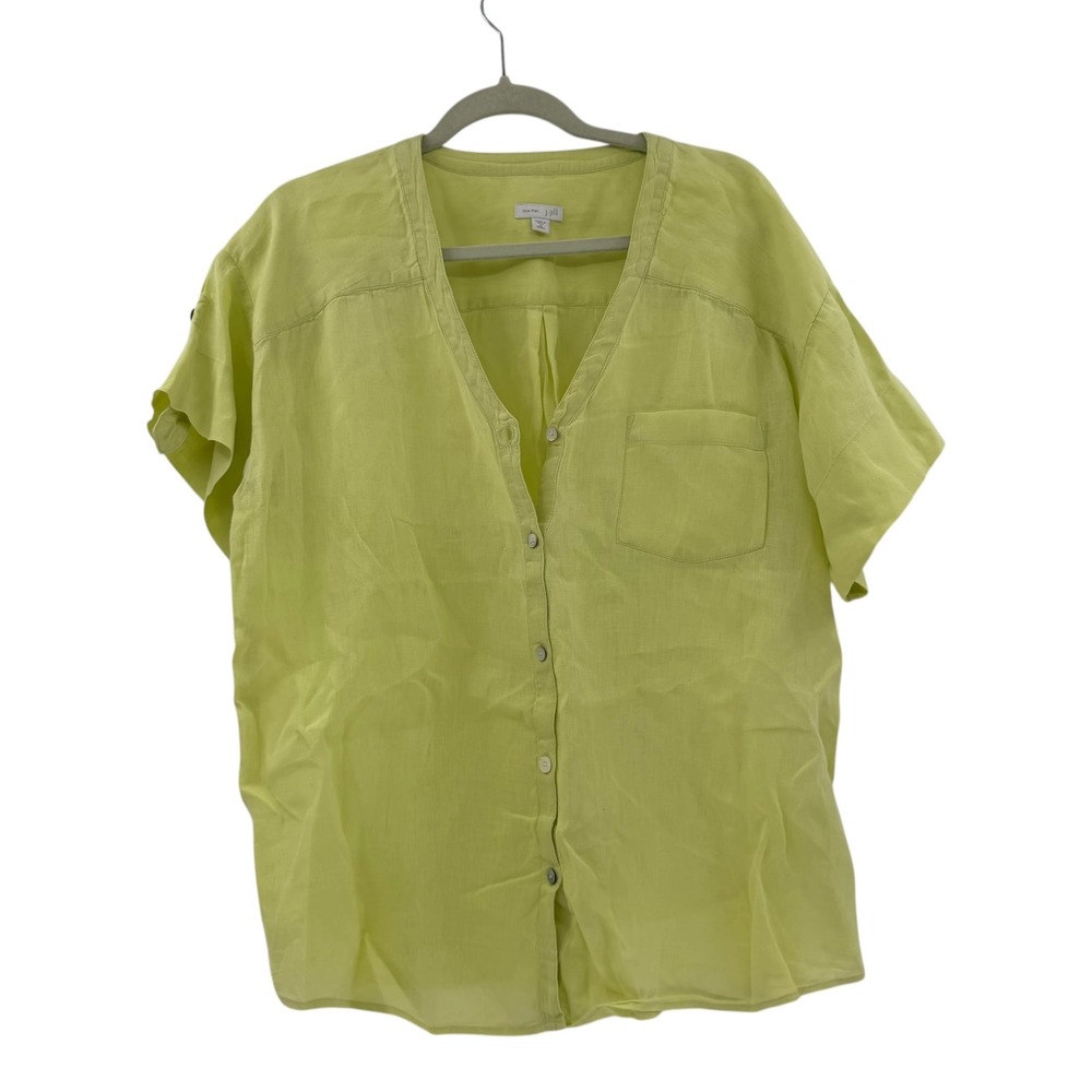 J. Jill Love Linen Lime Green Short Sleeve Button Down Shirt Womens‎ Medium
